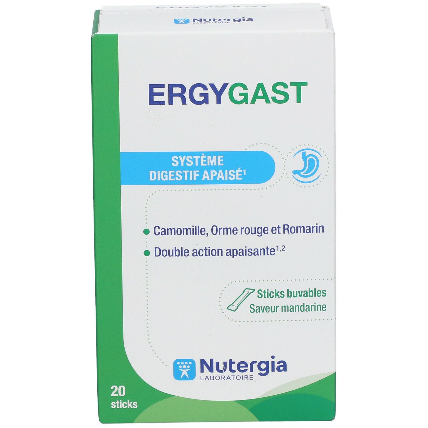 Face avant de la boîte ERGYGAST. Accents bleus et verts. Contient 20 sticks. Marque : Nutergia.