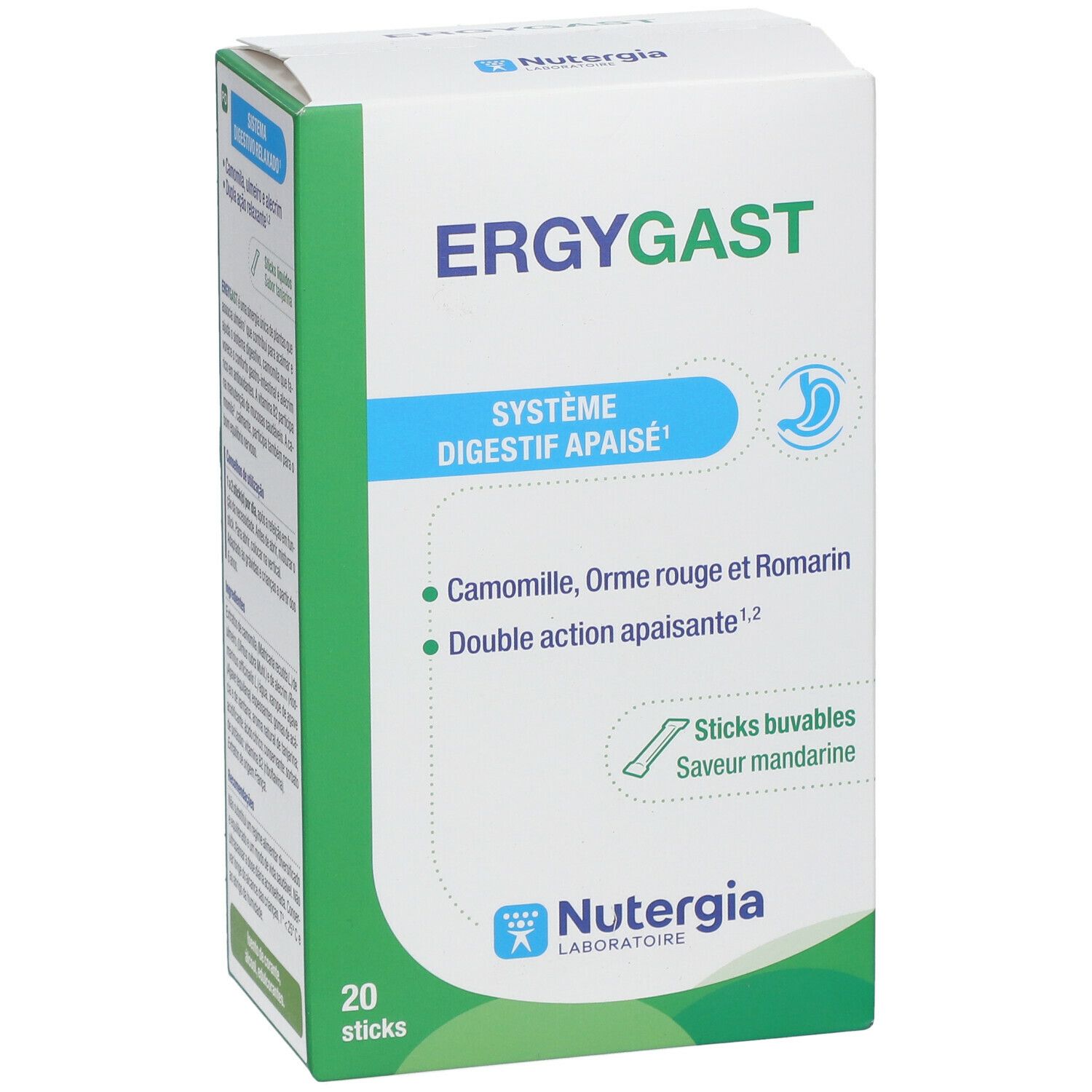 Face avant de la boîte ERGYGAST. Accents bleus et verts. Contient 20 sticks. Marque : Nutergia.
