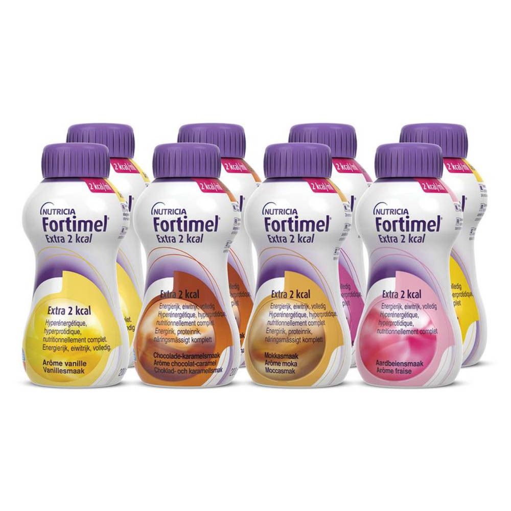 Multipack Fortimel Extra 2 Kcal. Meerdere flessen met paarse doppen. Verschillende smaken.
