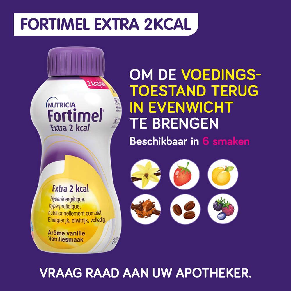 Fles Fortimel Extra 2 Kcal. 6 smaken afgebeeld. Helpt de voedingstoestand in evenwicht te brengen.