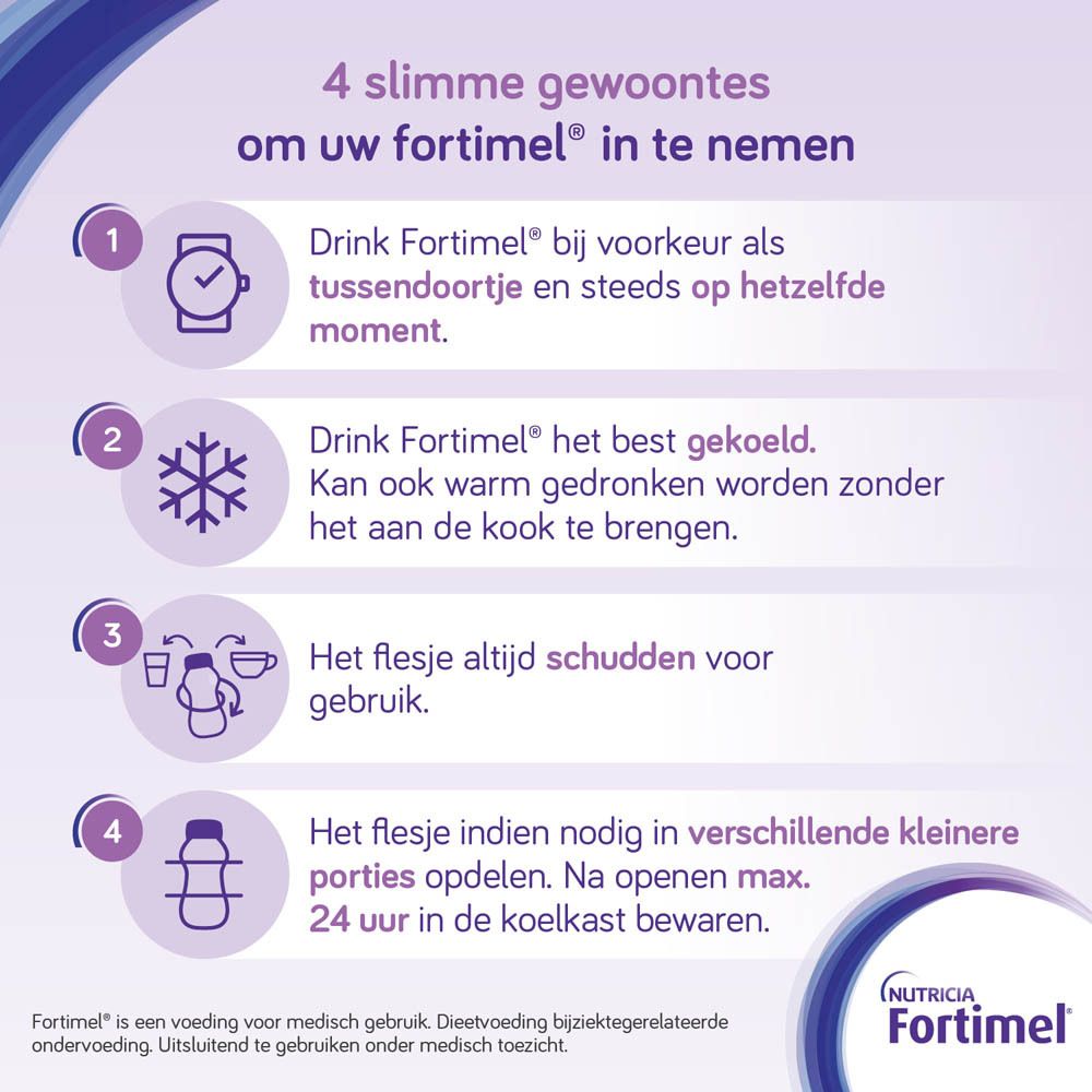 4 tips voor het gebruik van Fortimel. Tussen de maaltijden, gekoeld, schudden voor gebruik, in porties.