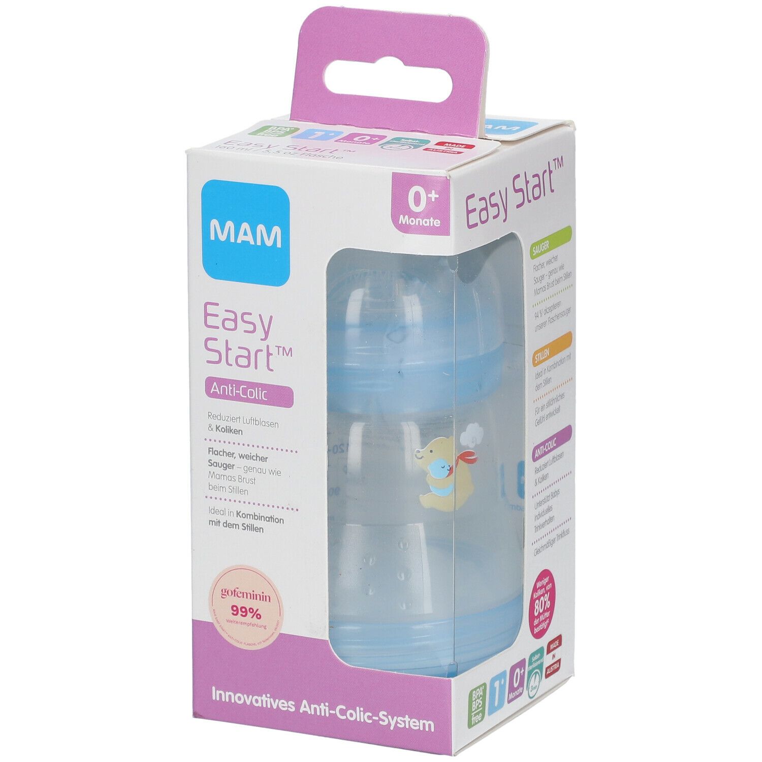 Babyfles in verpakking. Blauwe fles met blauwe ring en deksel. MAM-logo en Easy Start-opschrift.