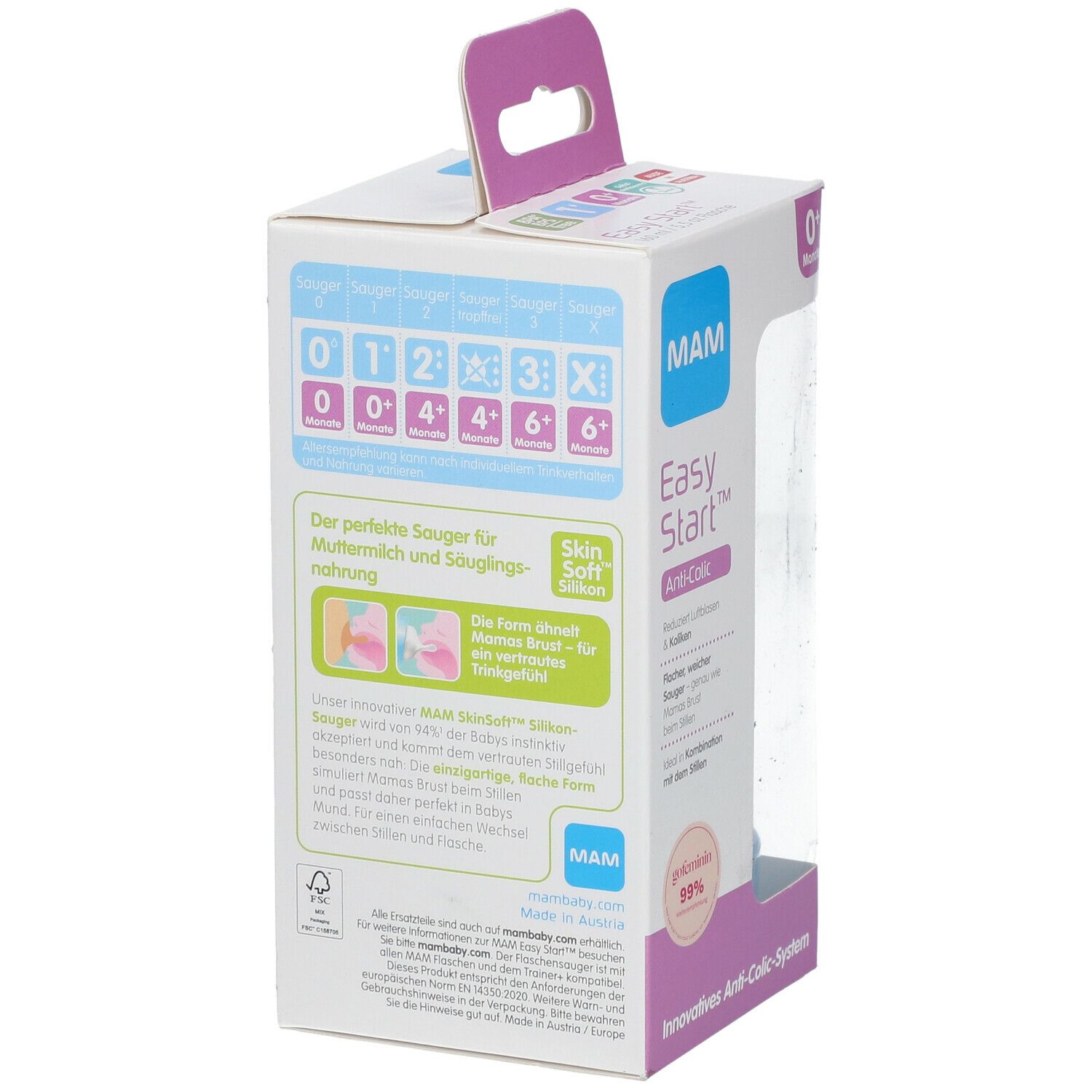 Verpakking van de babyfles. Achterkant met productinformatie en leeftijdsindicaties. MAM-logo en Easy Start.
