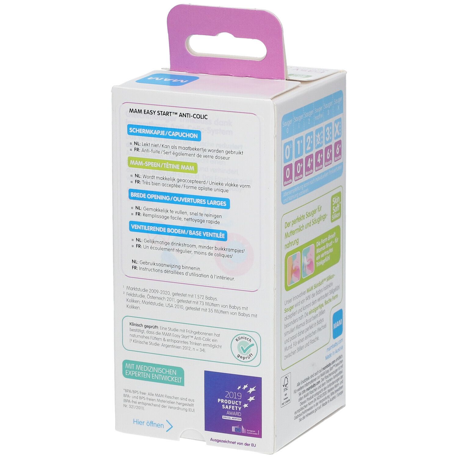 Verpakking van de babyfles. Zijaanzicht met productinformatie. Product Safety Award 2019.