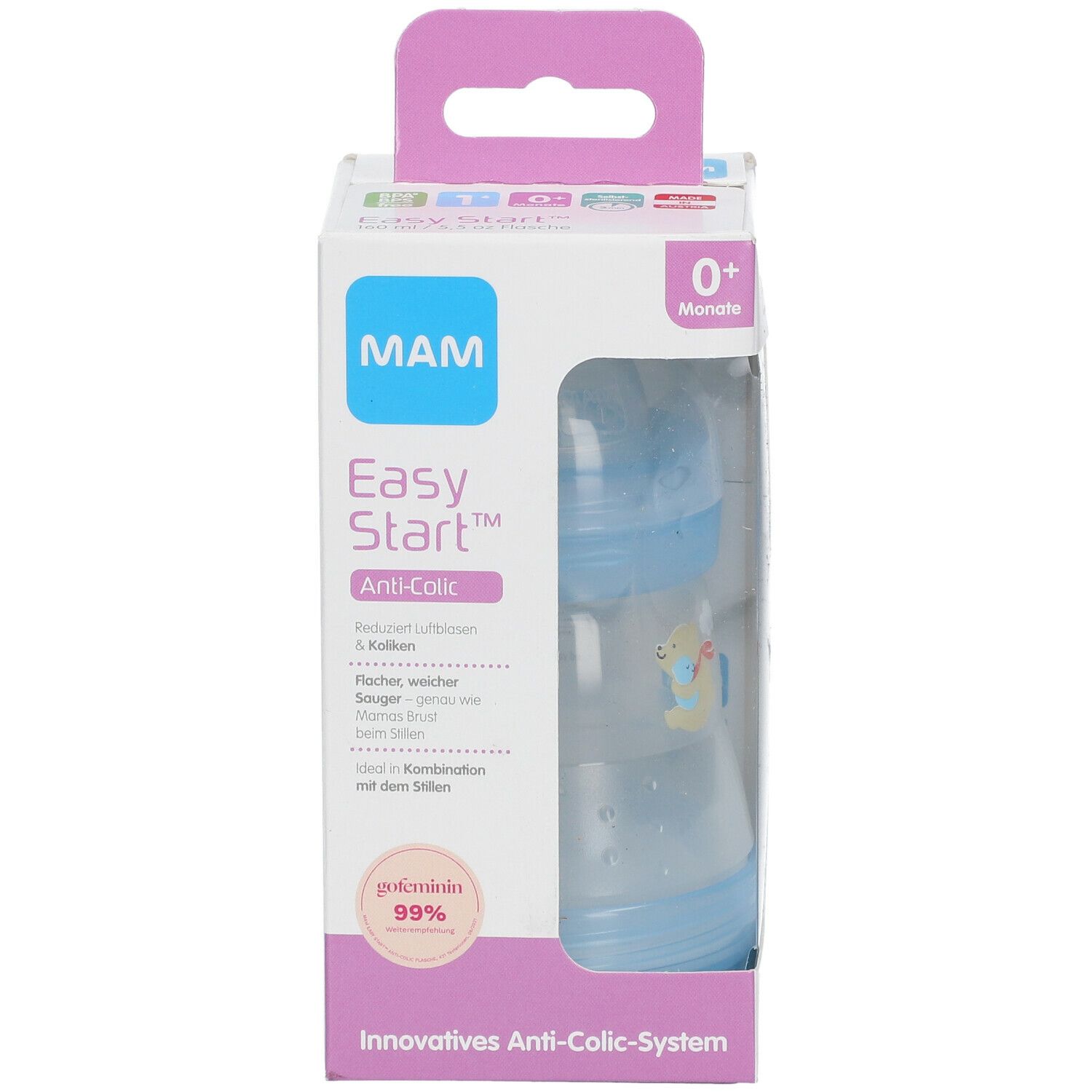 Babyfles in verpakking. Blauwe fles met blauwe ring en deksel. MAM-logo en Easy Start-opschrift.