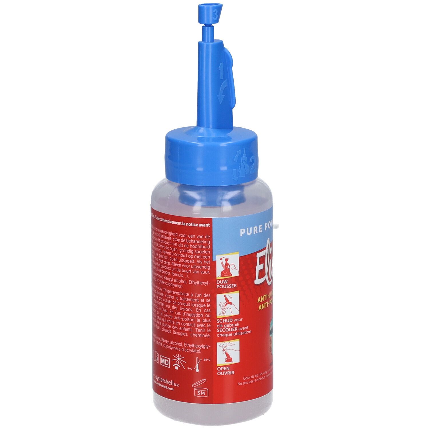 Elimax® Pure Power Lotion. Dos du flacon avec texte. Applicateur bleu. Étiquette rouge avec informations sur le produit.