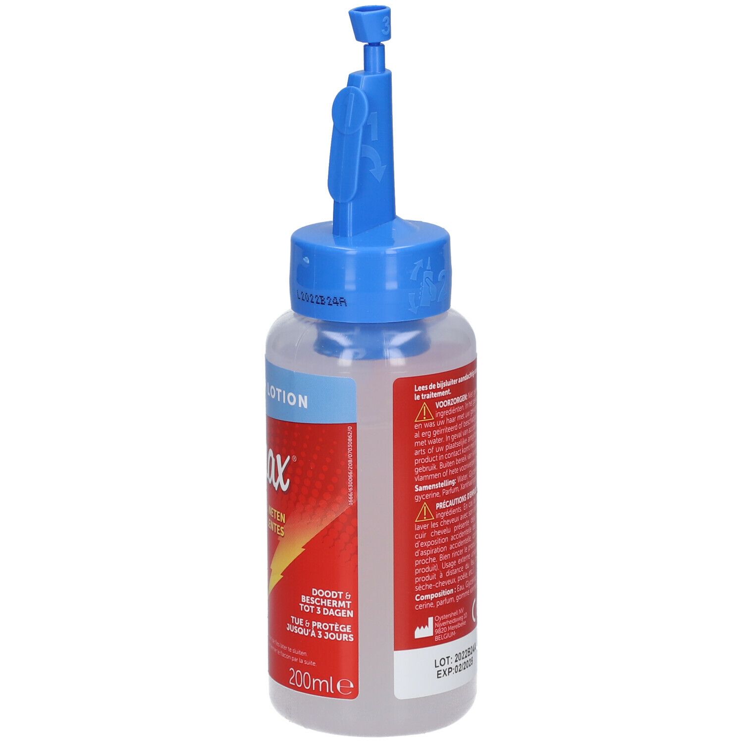 Elimax® Pure Power Lotion. Flacon avec applicateur bleu. Étiquette rouge avec nom du produit et illustration. 200ml.
