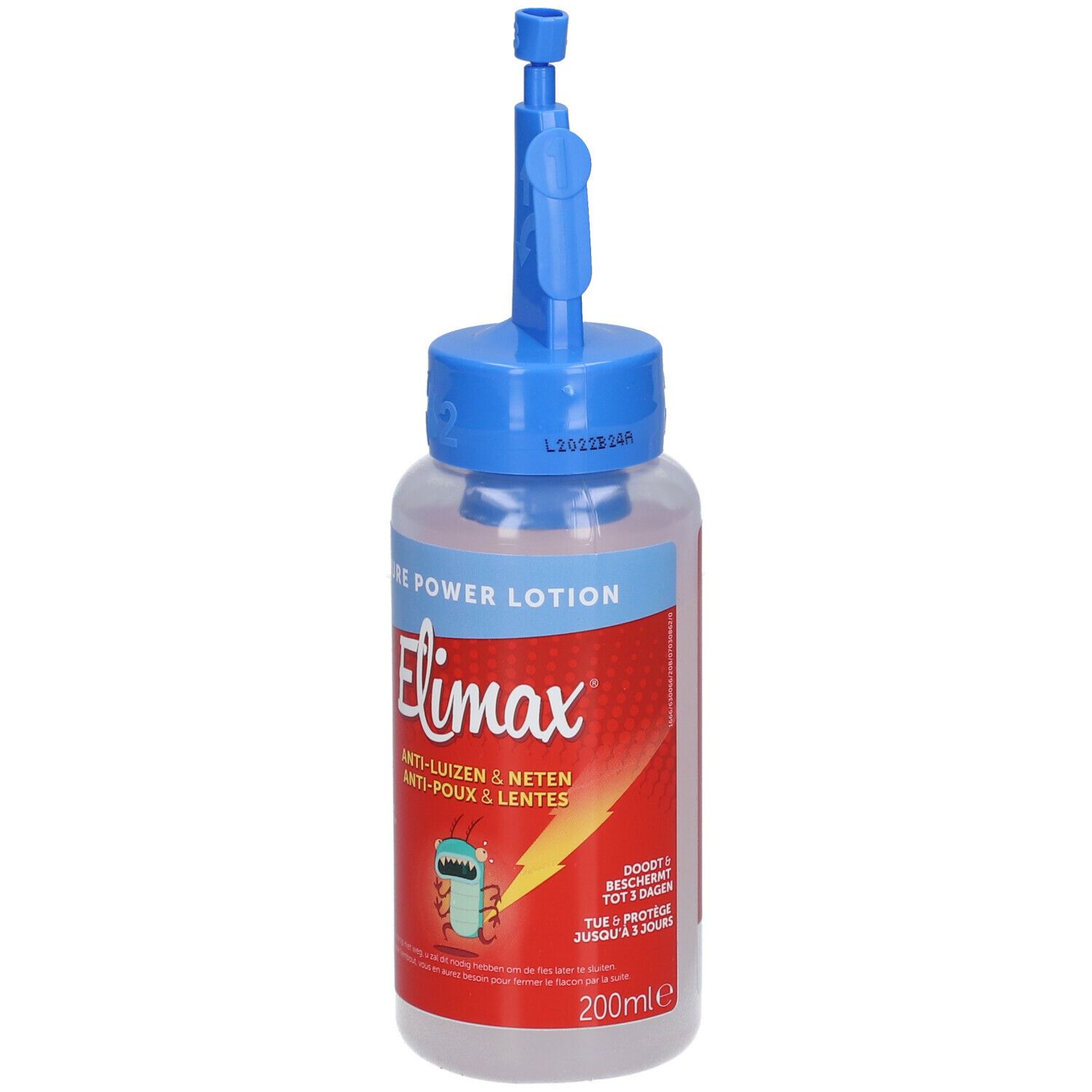 Elimax® Pure Power Lotion. Flacon avec applicateur bleu. Étiquette rouge avec nom du produit et illustration. 200ml.