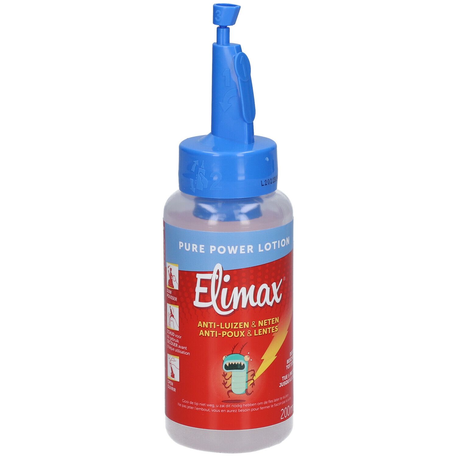 Elimax® Pure Power Lotion. Flacon avec applicateur bleu. Étiquette rouge avec nom du produit et illustration. 200ml.