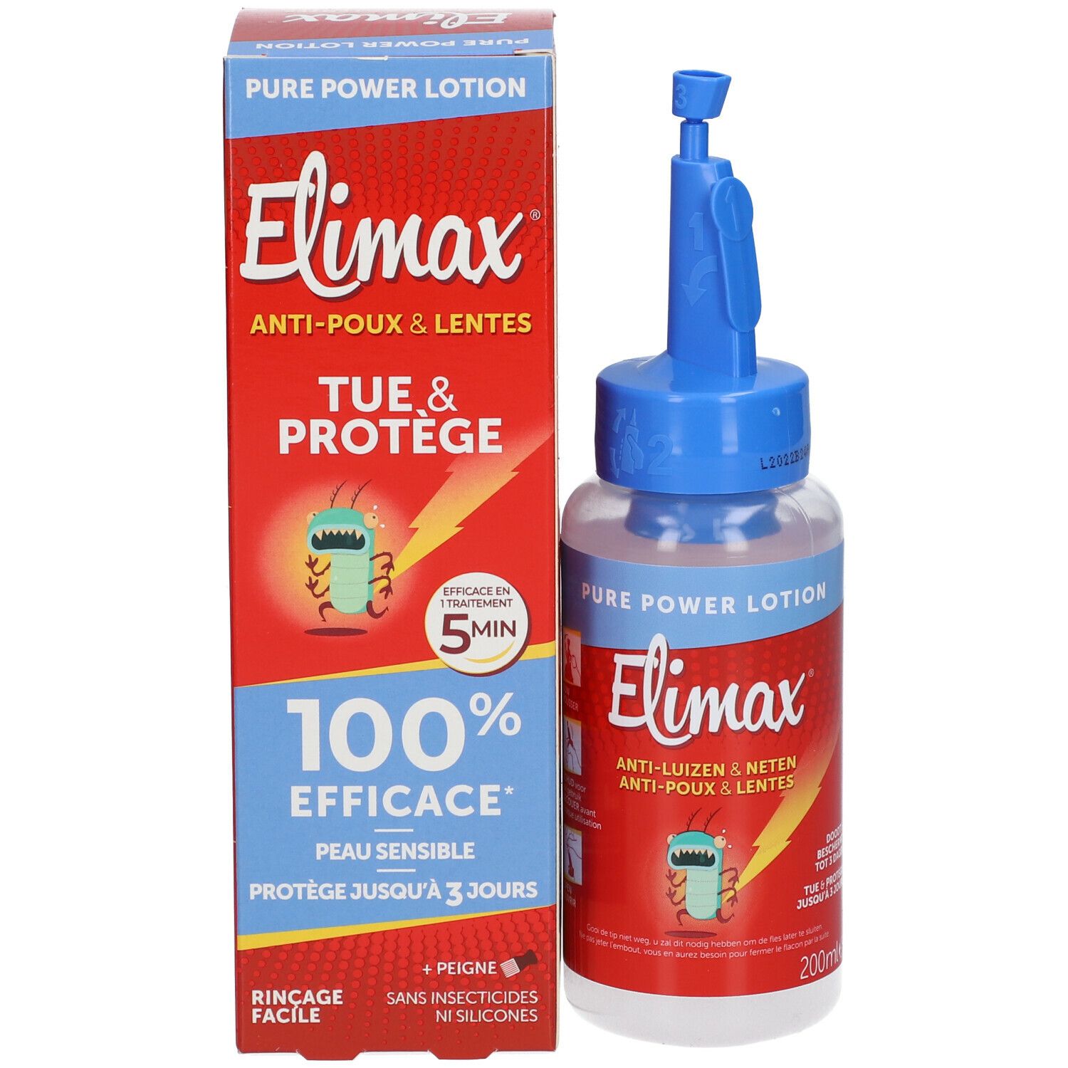 Elimax® Pure Power Lotion et emballage. Flacon avec applicateur bleu. Emballage rouge avec nom du produit et illustration.