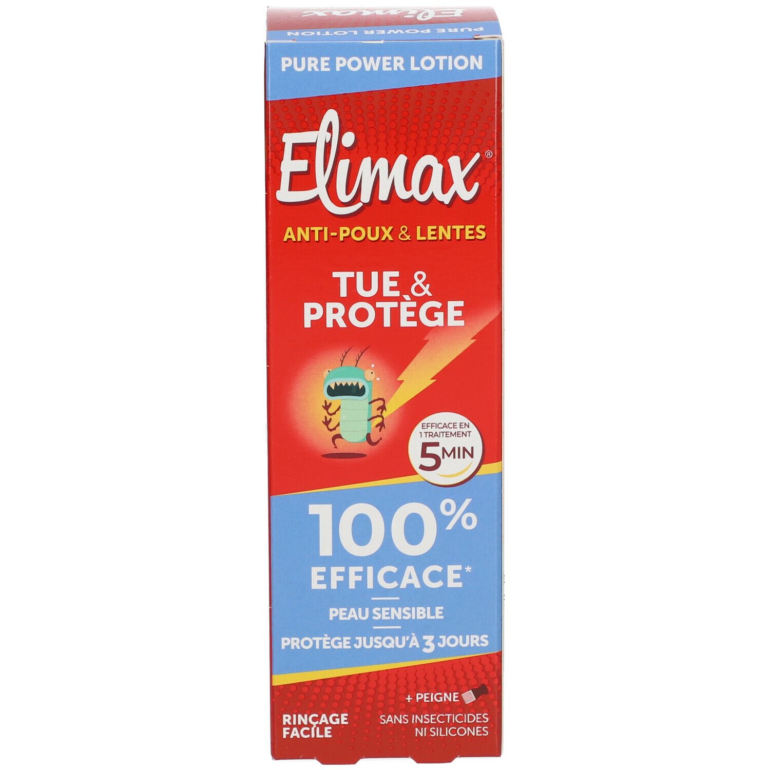 Emballage Elimax® Pure Power Lotion. Emballage rouge avec nom du produit et illustration. Texte et logos.