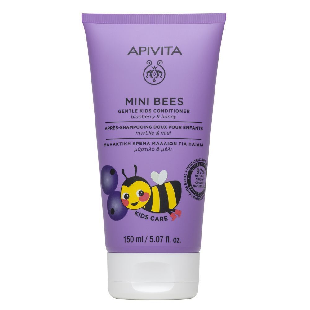 Tube violet. Conditionneur pour enfants. Illustration d'une abeille et de myrtilles. Inscription "Mini Bees".