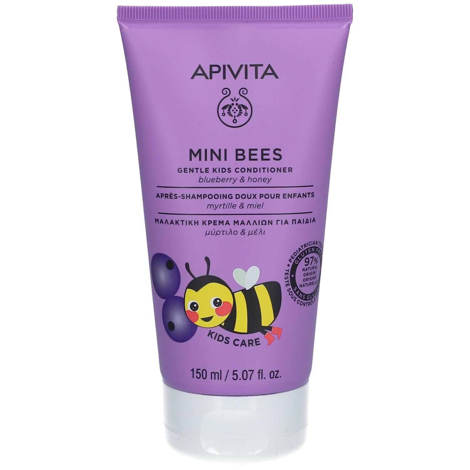 Tube violet. Conditionneur pour enfants. Illustration d'une abeille et de myrtilles. Inscription "Mini Bees".