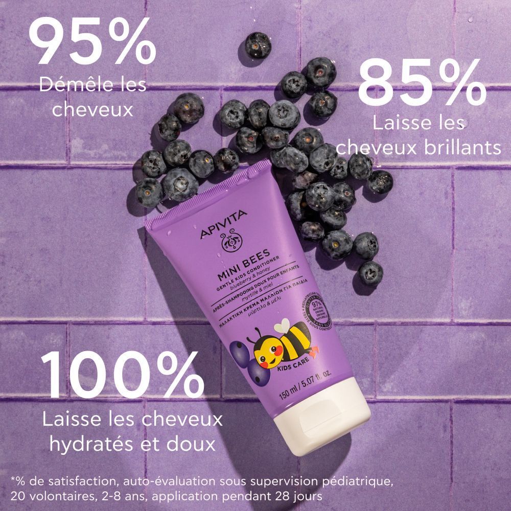 Produit et myrtilles sur fond violet. Texte: 95% démêle, 85% brillance, 100% hydratation. Produit: Conditionneur.