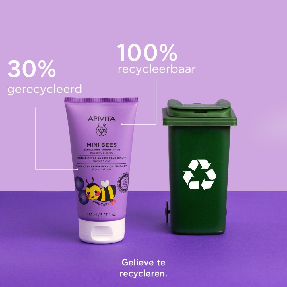 Product en vuilnisbak. Product: Conditioner voor kinderen. Tekst: 30% gerecycled, 100% recyclebaar. Vraag om te recyclen.