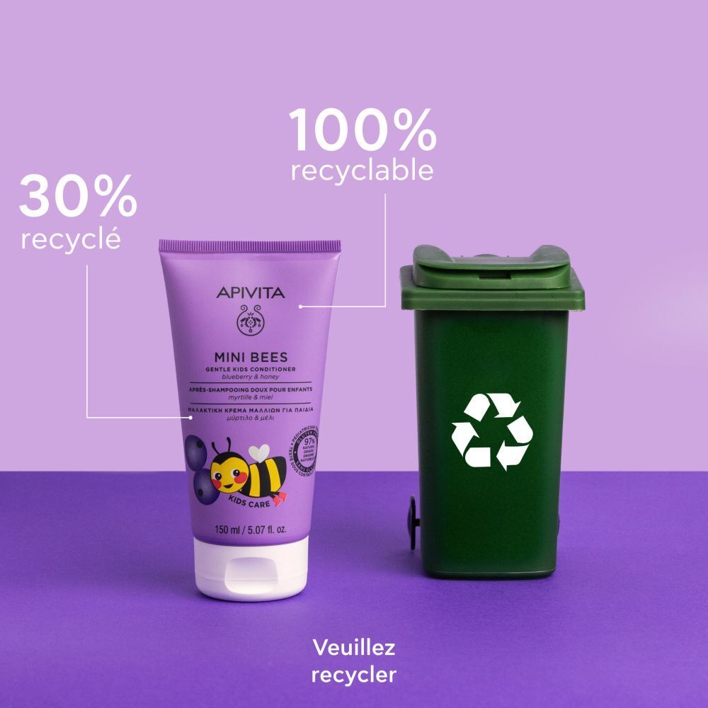 Produit et poubelle. Produit: Conditionneur pour enfants. Texte: 30% recyclé, 100% recyclable. Incitation à recycler.
