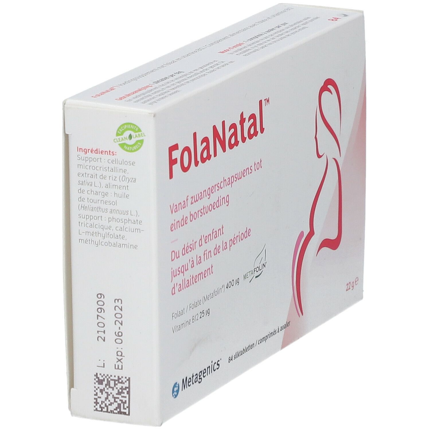 FolaNatal-verpakking, schuin. Bevat 84 tabletten. Bevat folaat en vitamine B12. Merk: Metagenics.