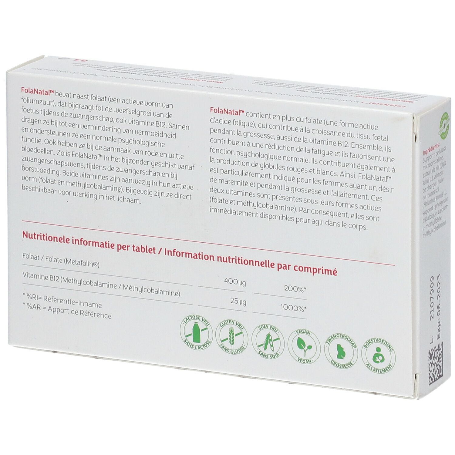 Achterkant van de FolaNatal-verpakking. Bevat voedingsinformatie per tablet. Bevat folaat en vitamine B12.