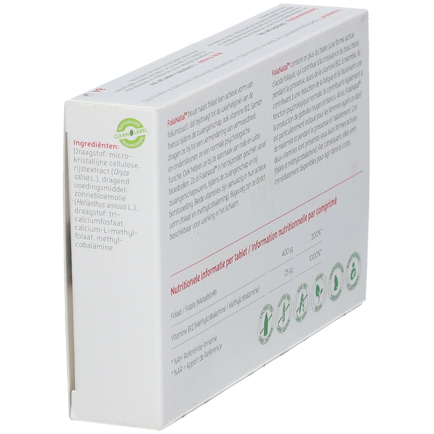 FolaNatal-verpakking, schuin. Bevat voedingsinformatie per tablet. Bevat folaat en vitamine B12.