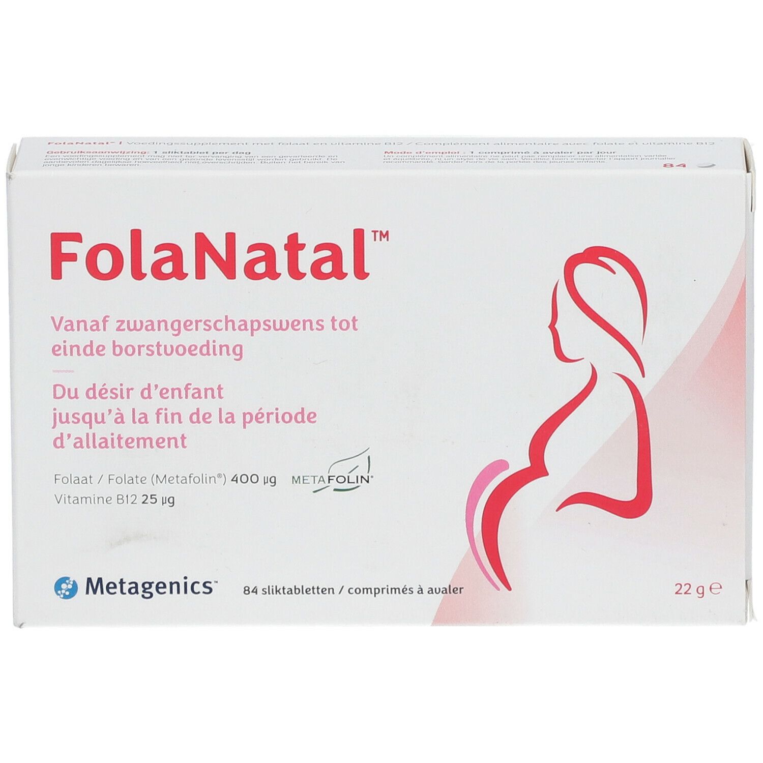 FolaNatal-verpakking. Bevat 84 tabletten. Bevat folaat en vitamine B12. Merk: Metagenics.