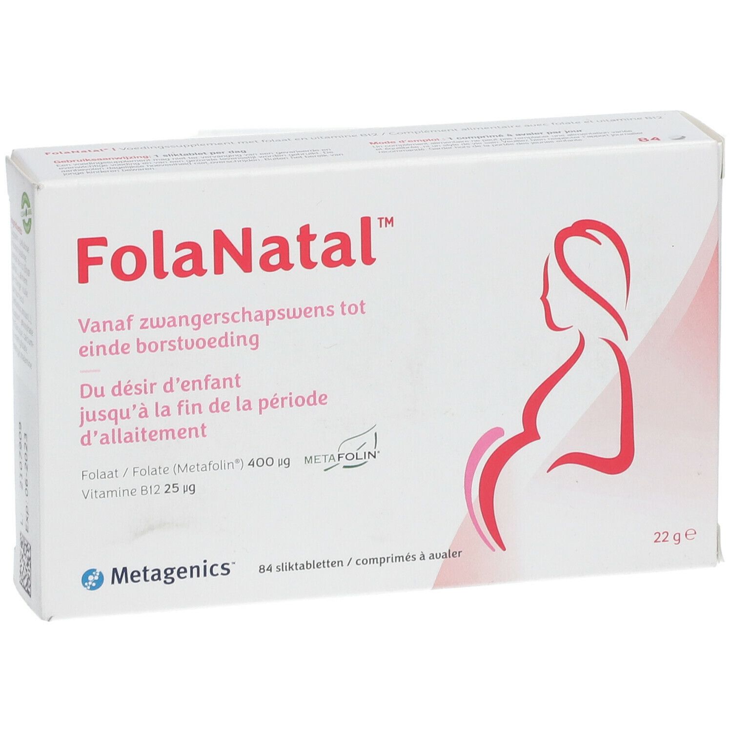 FolaNatal-verpakking. Bevat 84 tabletten. Bevat folaat en vitamine B12. Merk: Metagenics.