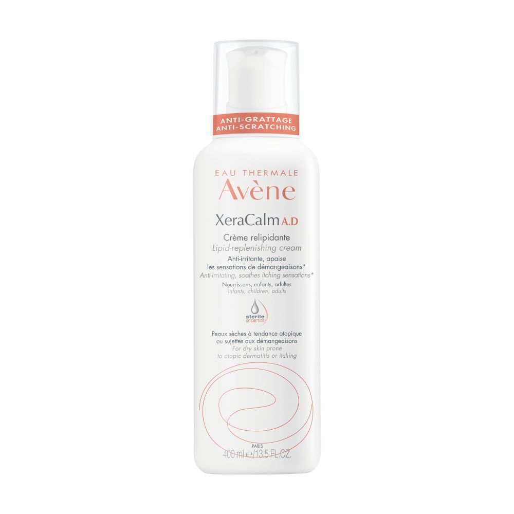 Witte fles Avene Xeracalm A.D. Crème relipidante. Anti-jeuk, voor de droge huid.