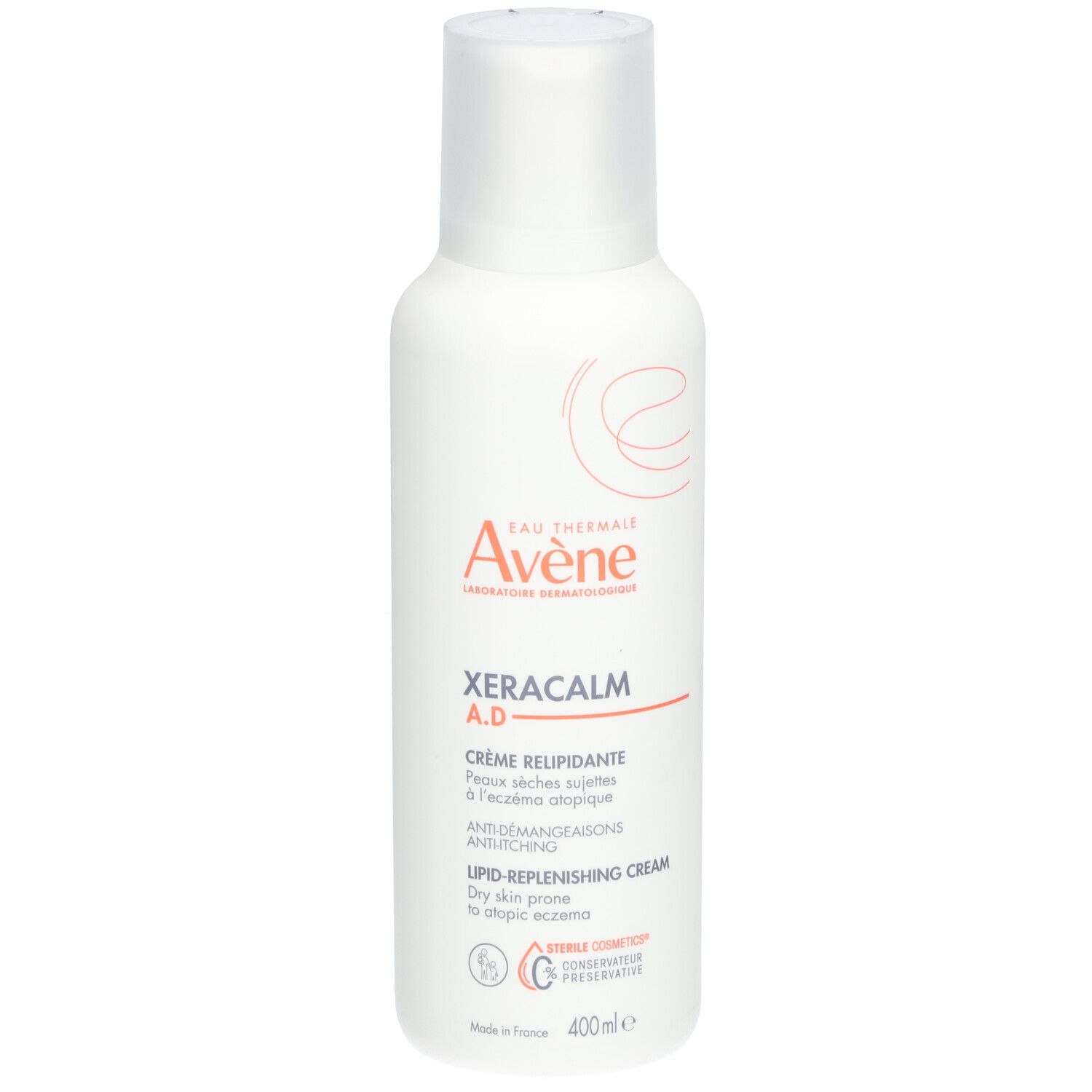 Witte fles Avene Xeracalm A.D. Crème relipidante. Voor de droge huid met neiging tot atopie.