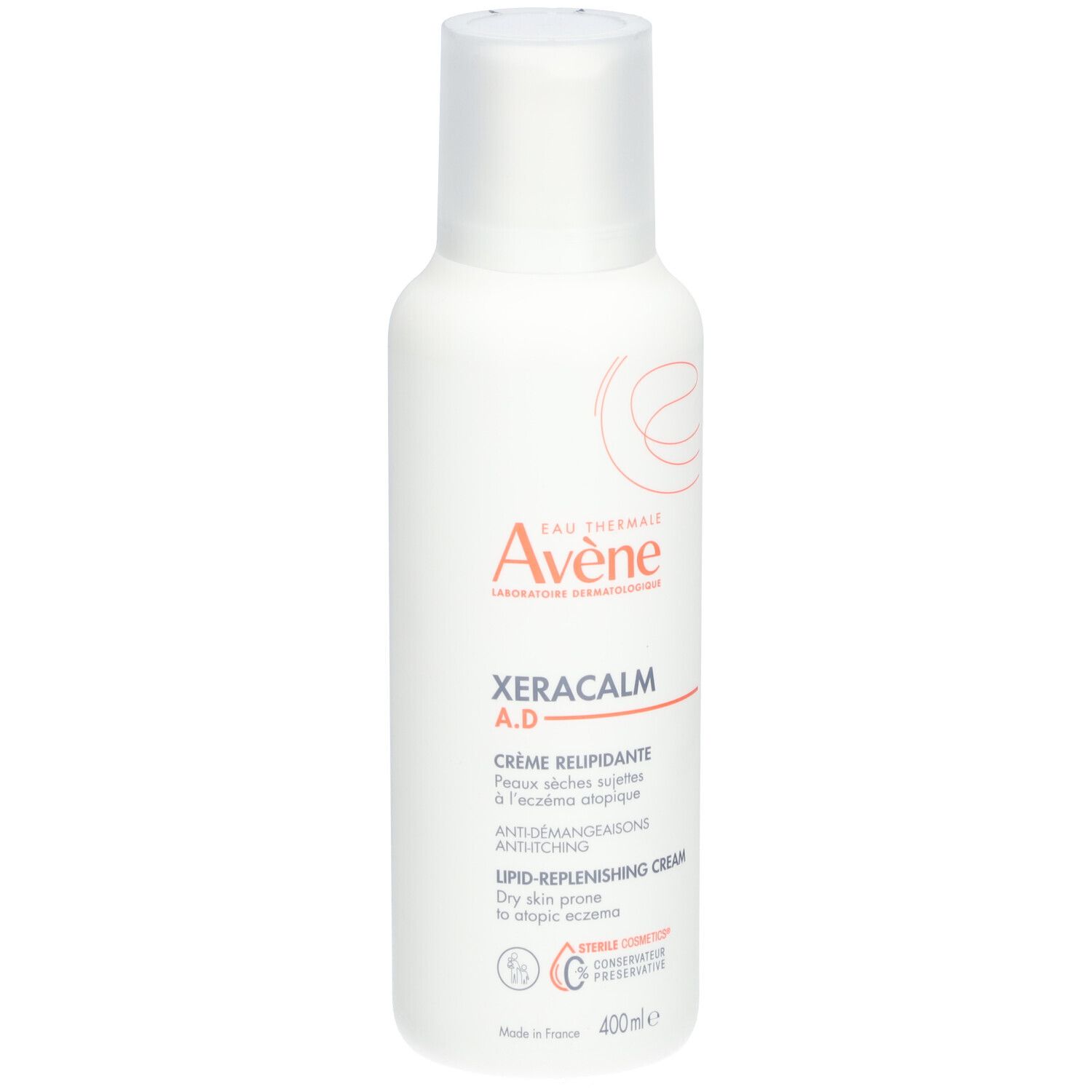 Witte fles Avene Xeracalm A.D. Crème relipidante. Voor de droge huid met neiging tot atopie.
