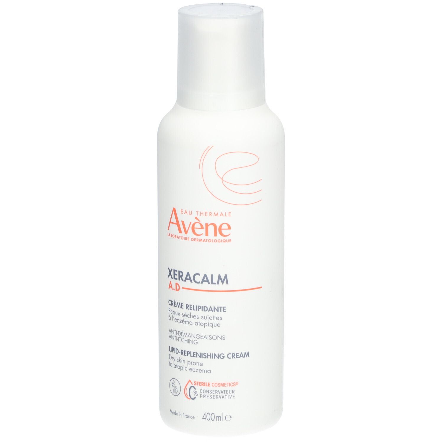 Witte fles Avene Xeracalm A.D. Crème relipidante. Voor de droge huid met neiging tot atopie.