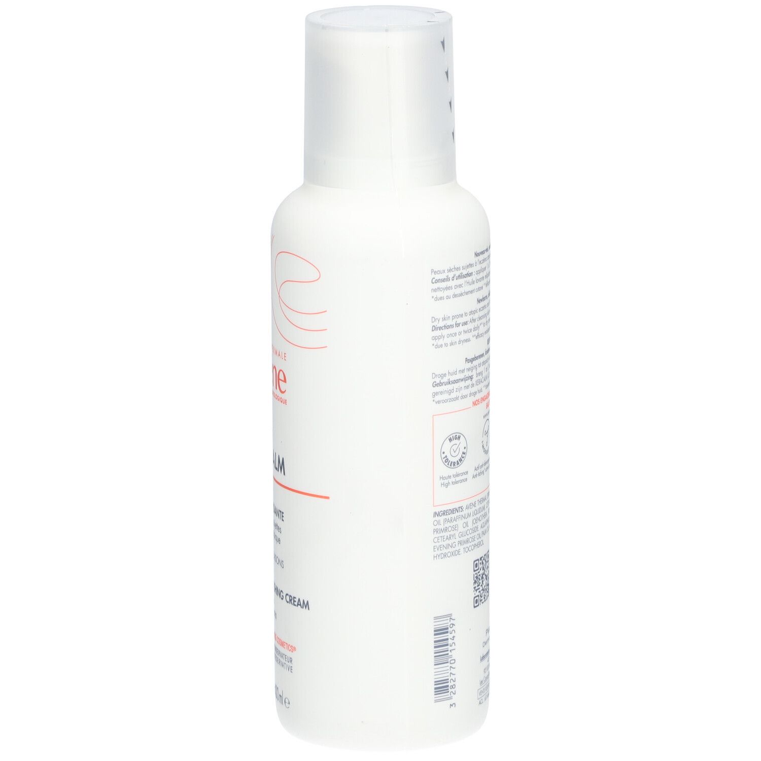 Achterkant van de witte fles Avene Xeracalm A.D. Crème relipidante. Tekst en logo's.