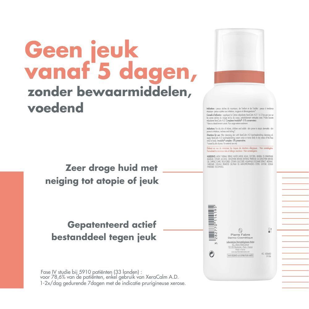 Achterkant fles Avene Xeracalm A.D. Tekst: Geen jeuk in 5 dagen.