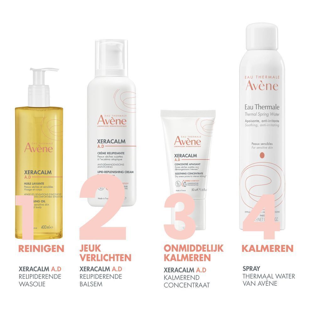 Vier Avene producten: olie, crème, concentraat, spray. Reinigen, jeuk verlichten.