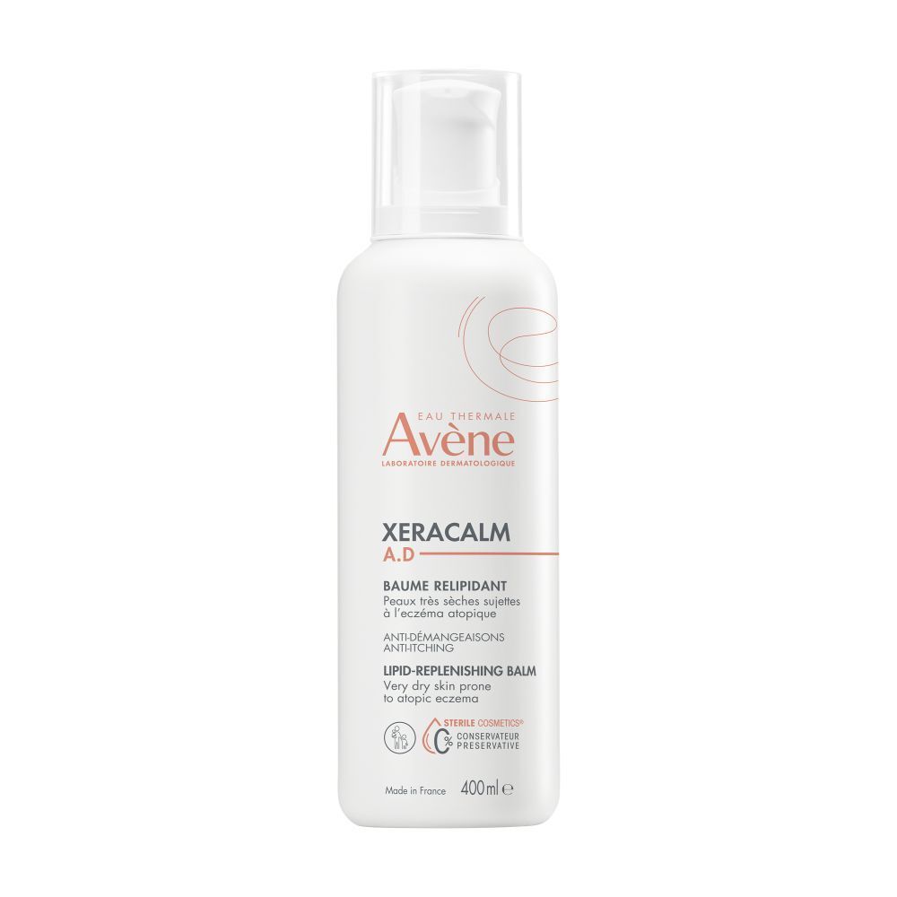Flacon Avène Xeracalm A.D. Baume relipidant. Flacon blanc avec bouchon. Nom et logo visibles. 400ml.
