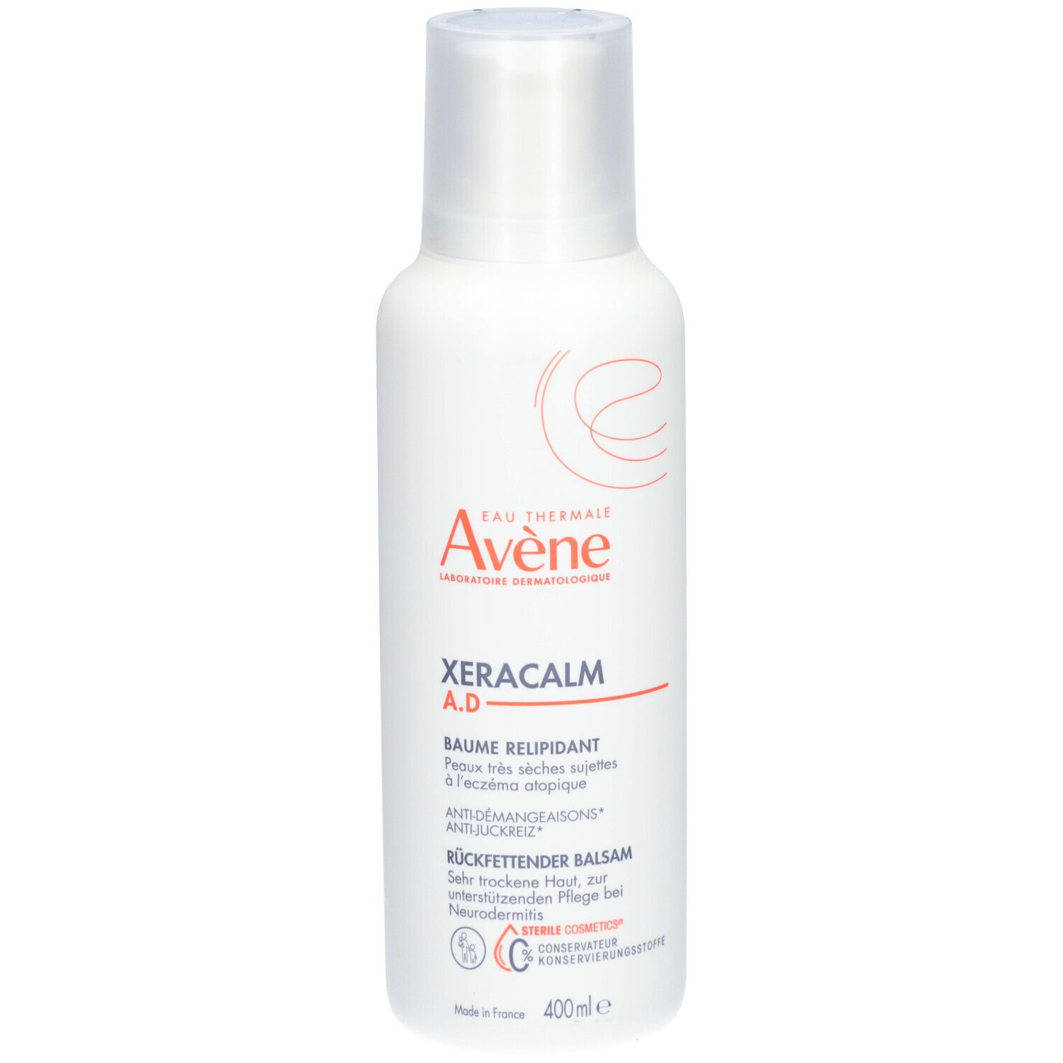 Flacon Avène Xeracalm A.D. Baume relipidant. Flacon blanc avec bouchon. Nom du produit et logo visibles. 400ml.