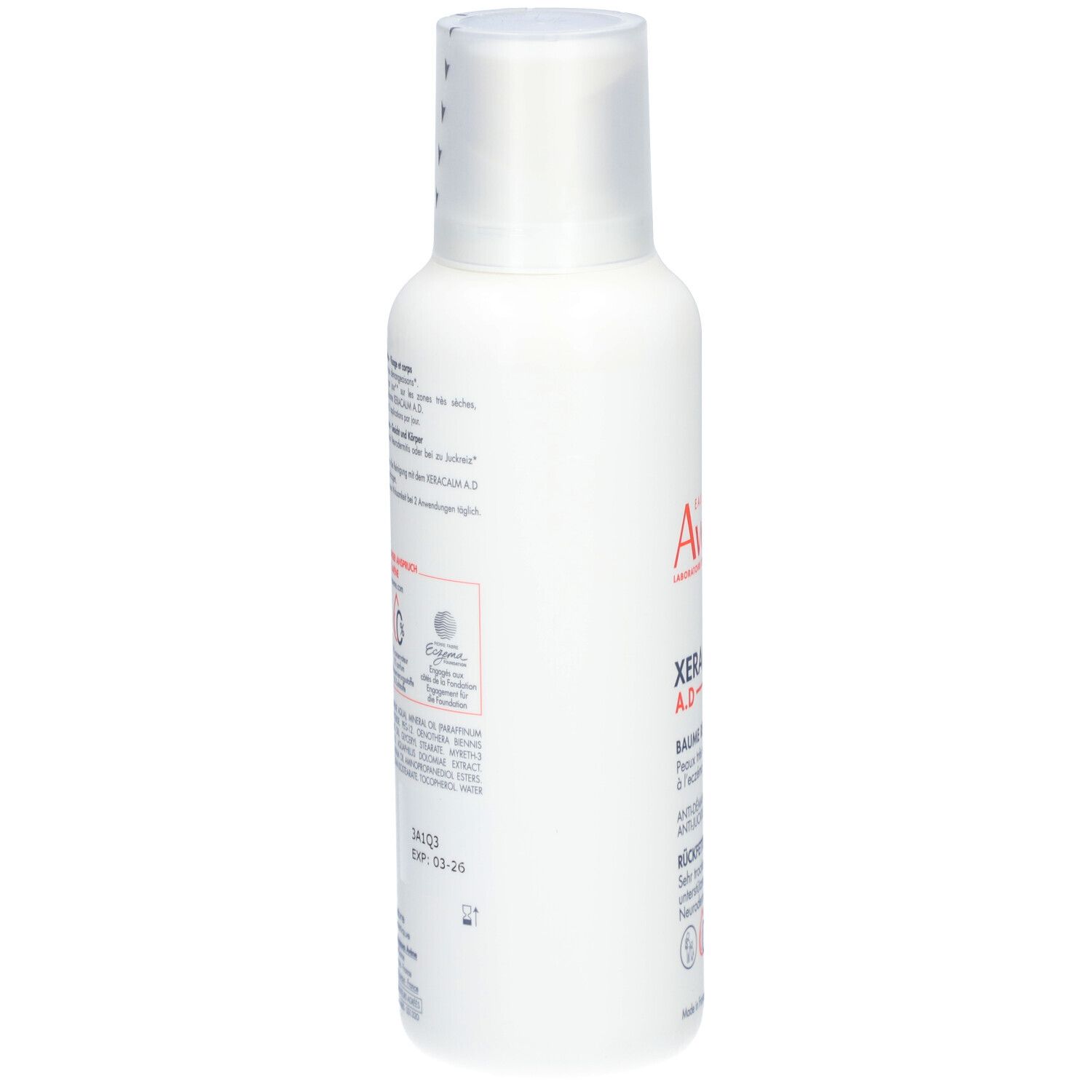 Flacon Avène Xeracalm A.D. Baume relipidant. Flacon blanc avec bouchon. Informations produit au dos.