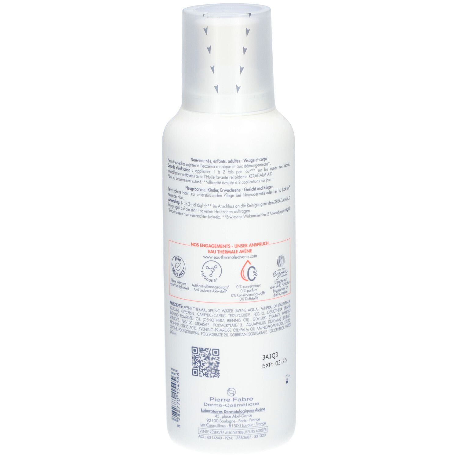 Flacon Avène Xeracalm A.D. Baume relipidant. Flacon blanc avec bouchon. Informations et ingrédients.