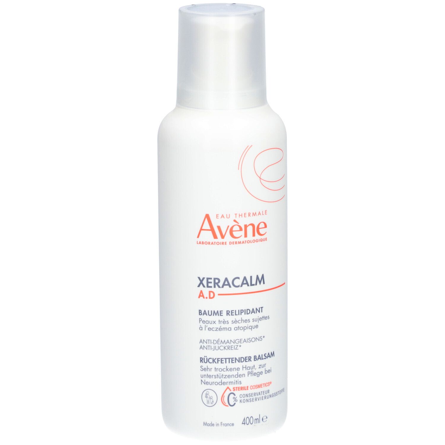 Flacon Avène Xeracalm A.D. Baume relipidant. Flacon blanc avec bouchon. Nom et logo visibles. 400ml.