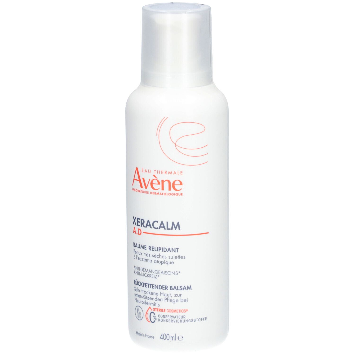 Flacon Avène Xeracalm A.D. Baume relipidant. Flacon blanc avec bouchon. Nom et logo visibles. 400ml.