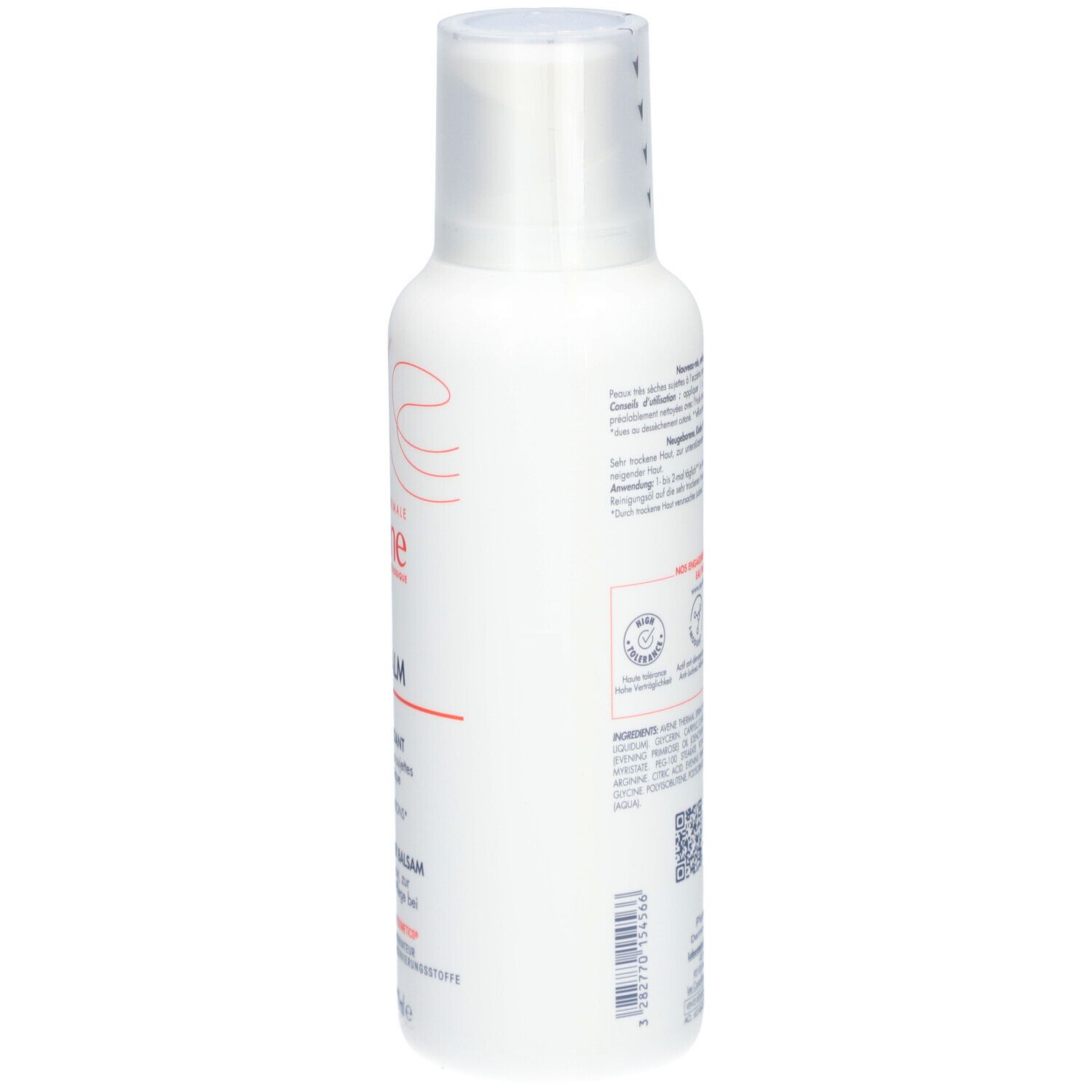 Flacon Avène Xeracalm A.D. Baume relipidant. Flacon blanc avec bouchon. Informations produit sur le côté.