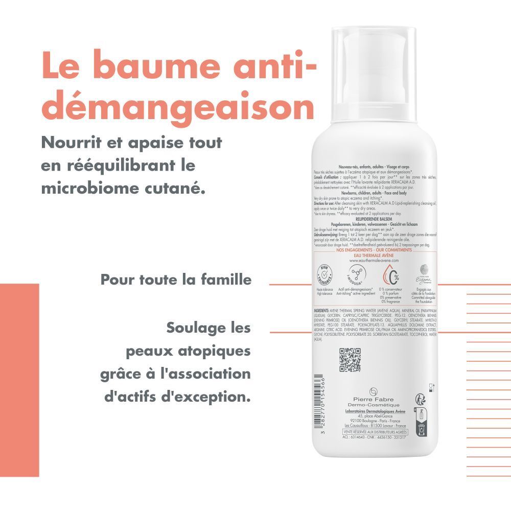 Dos du Baume Avène Xeracalm A.D. Texte et logos sur fond rose.