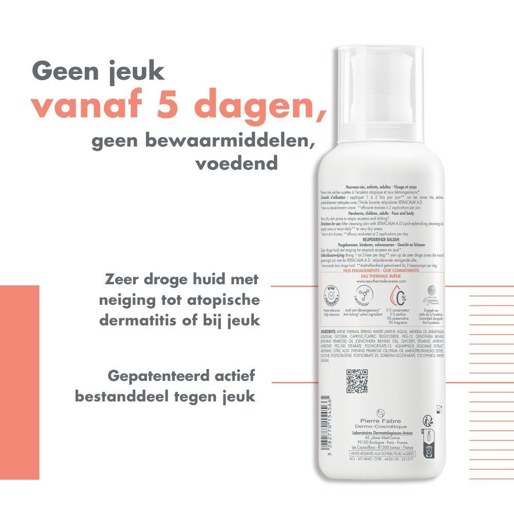 Achterkant van Avène Xeracalm A.D. Balsem. Tekst en logo's op roze achtergrond.