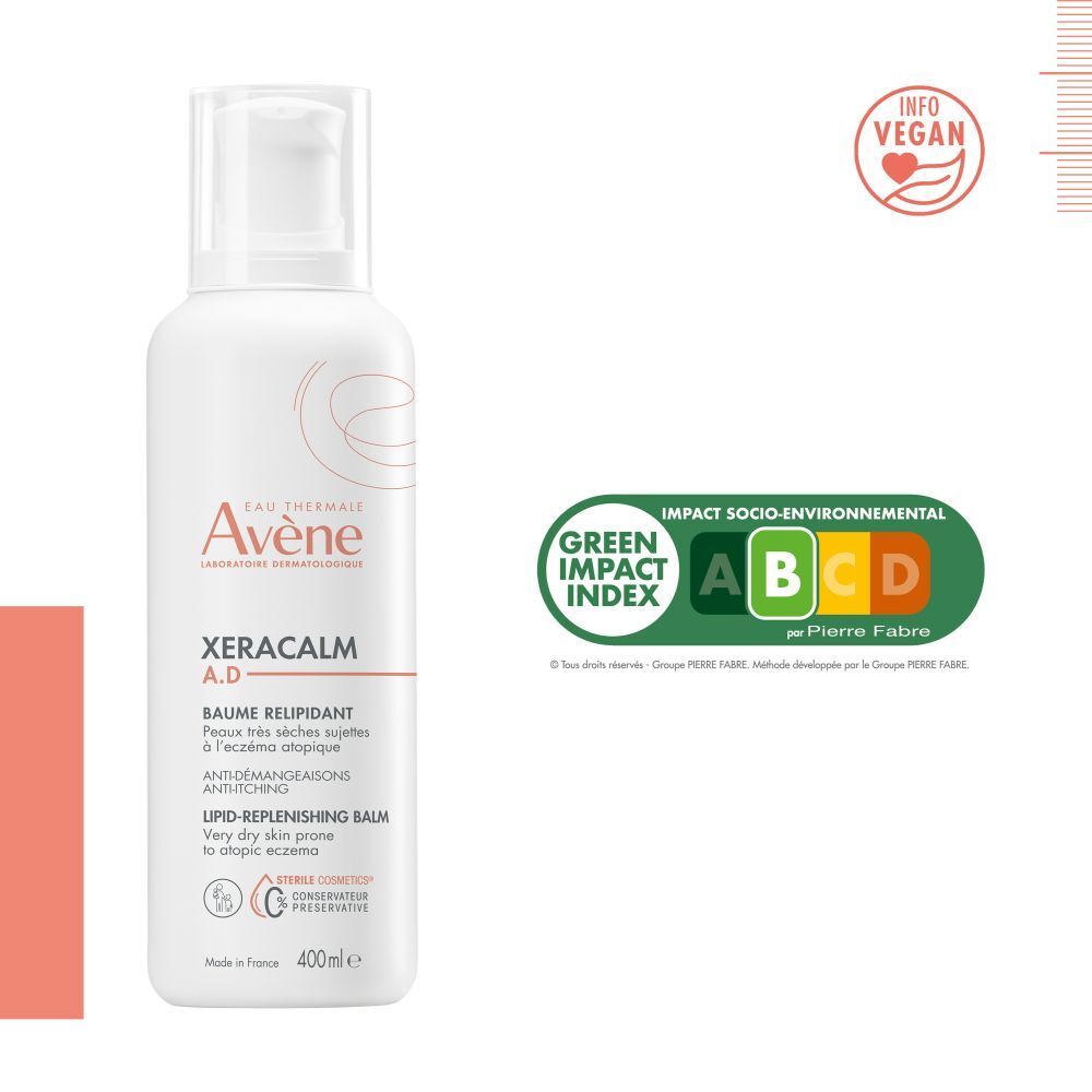 Avène Xeracalm A.D. Baume. Écolabels et logo Vegan.