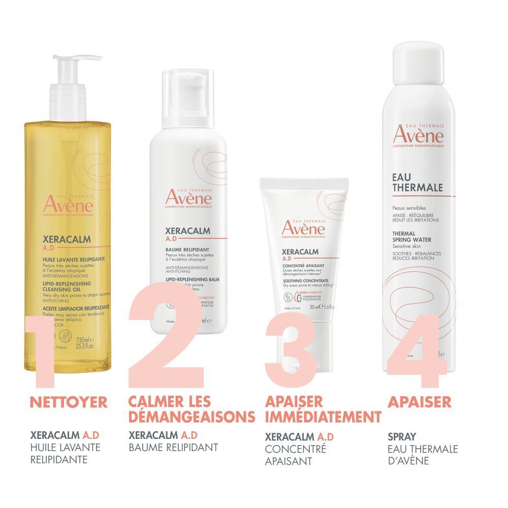 Gamme Avène. 4 produits : Nettoyer, calmer les démangeaisons, apaiser immédiatement, apaiser.