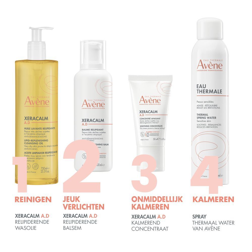 Avène productlijn. 4 producten: Reinigen, jeuk verlichten, onmiddellijk kalmeren, kalmeren.