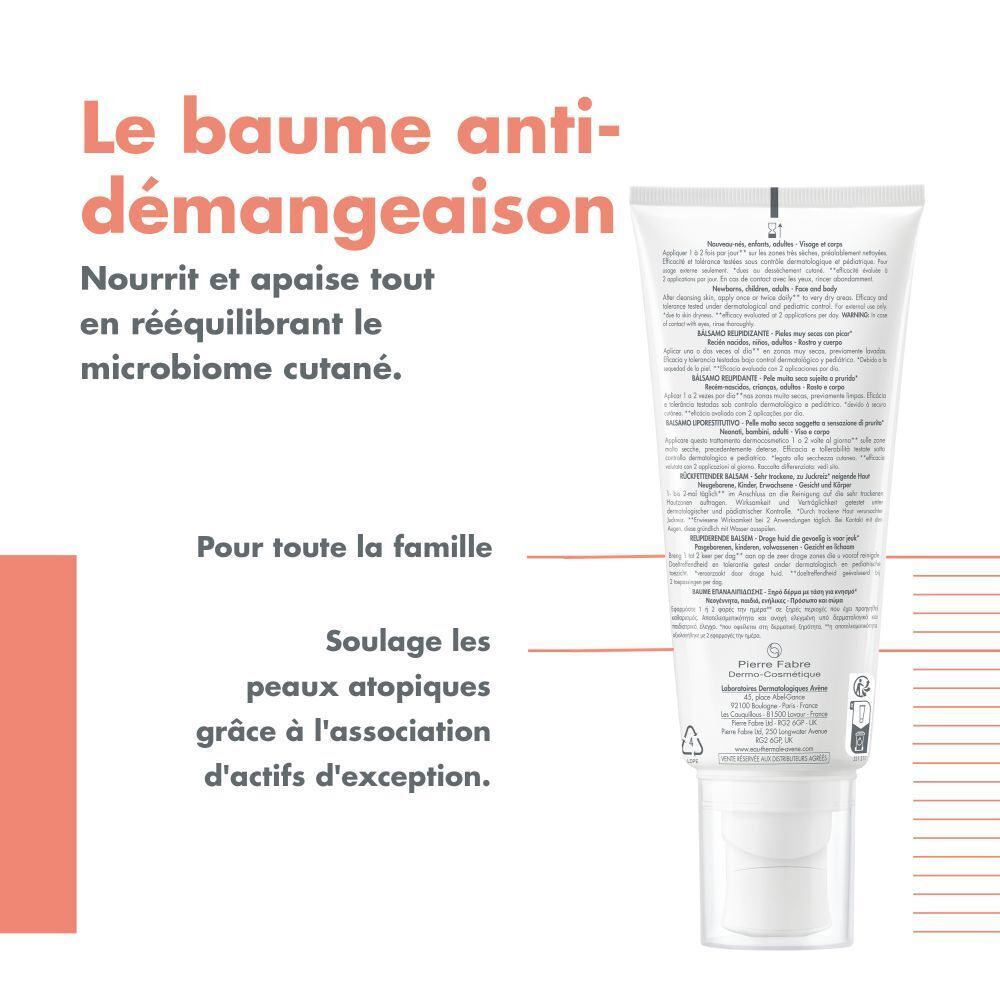 Tube blanc avec nom du produit et marque. Texte: XeraCalm A.D. Baume Relipidant. 200 ml.