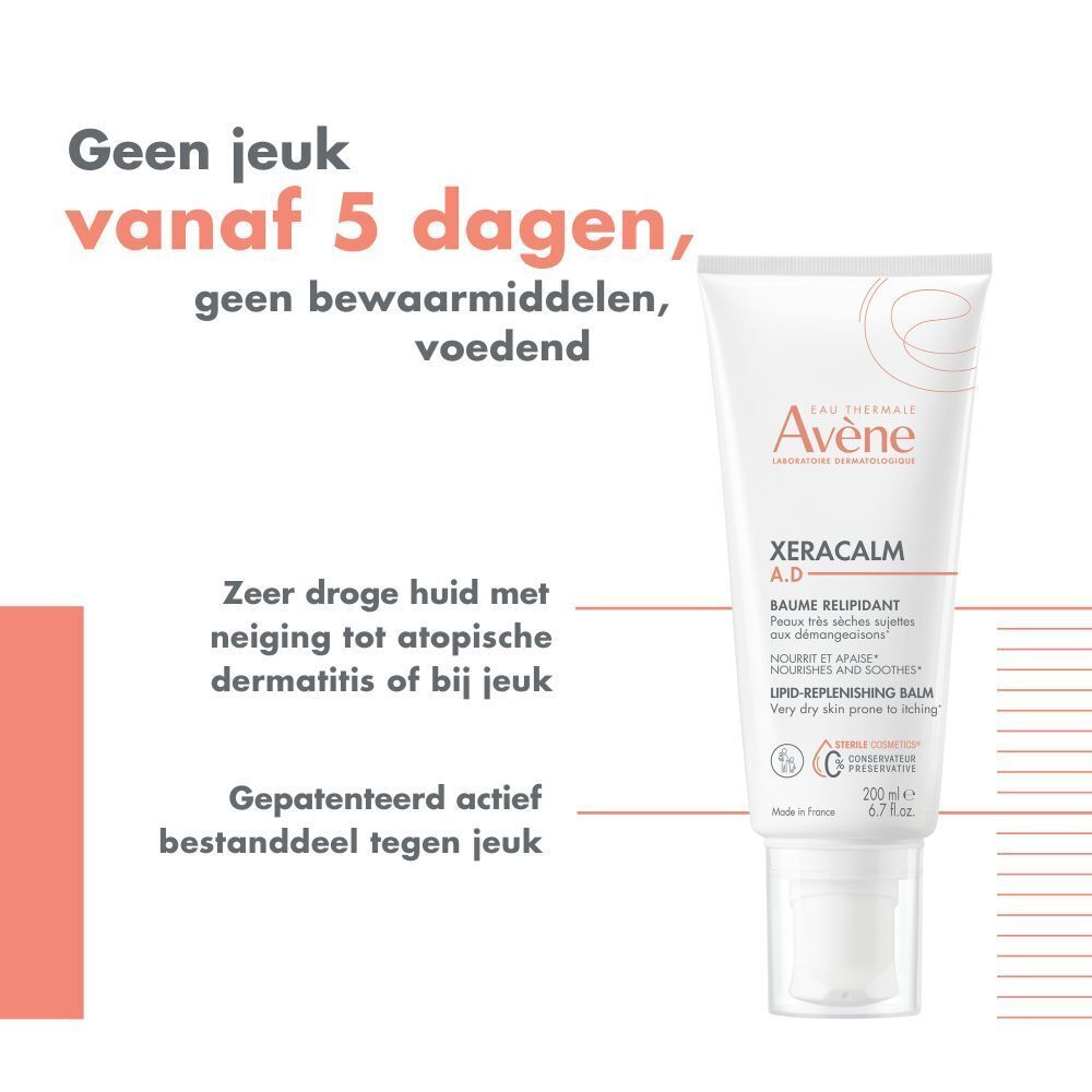 Witte tube met productnaam en merk. Tekst: XeraCalm A.D. Baume Relipidant. 200 ml.