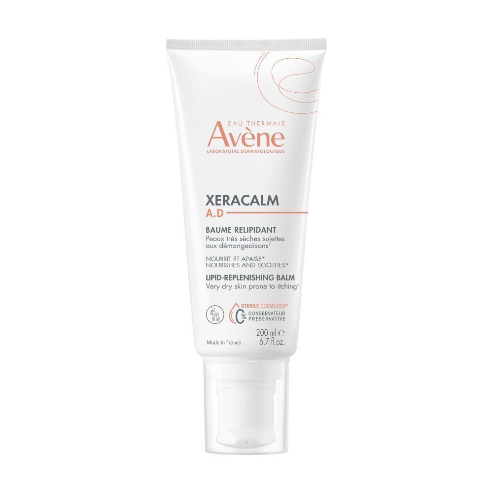 Witte tube met productnaam en merk. Tekst: XeraCalm A.D. Baume Relipidant. 200 ml.