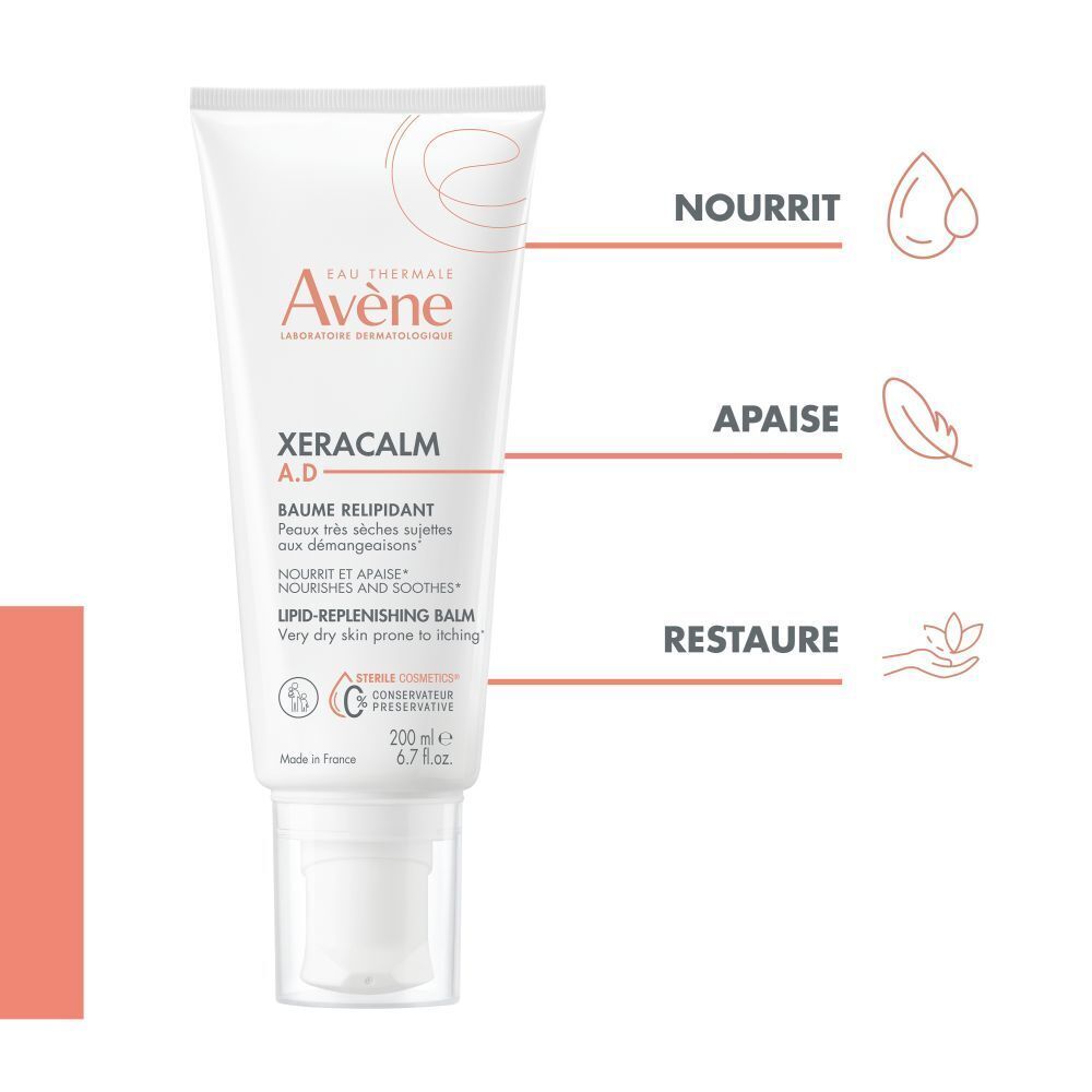 Emballage avec nom du produit et marque. Texte: XeraCalm A.D. Baume Relipidant. 200 ml.