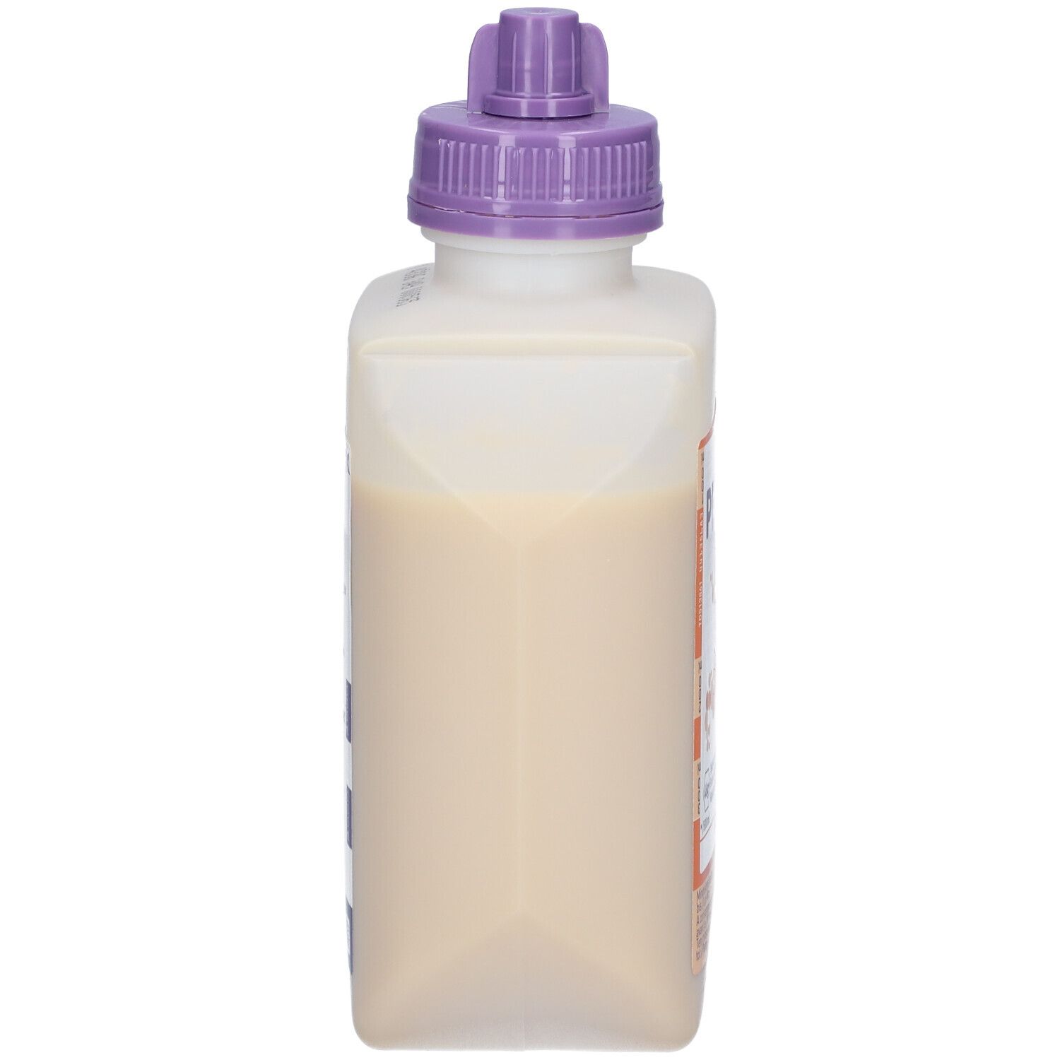 Zijaanzicht van de Nestlé Peptamen 2.0 fles. Paarse dop.