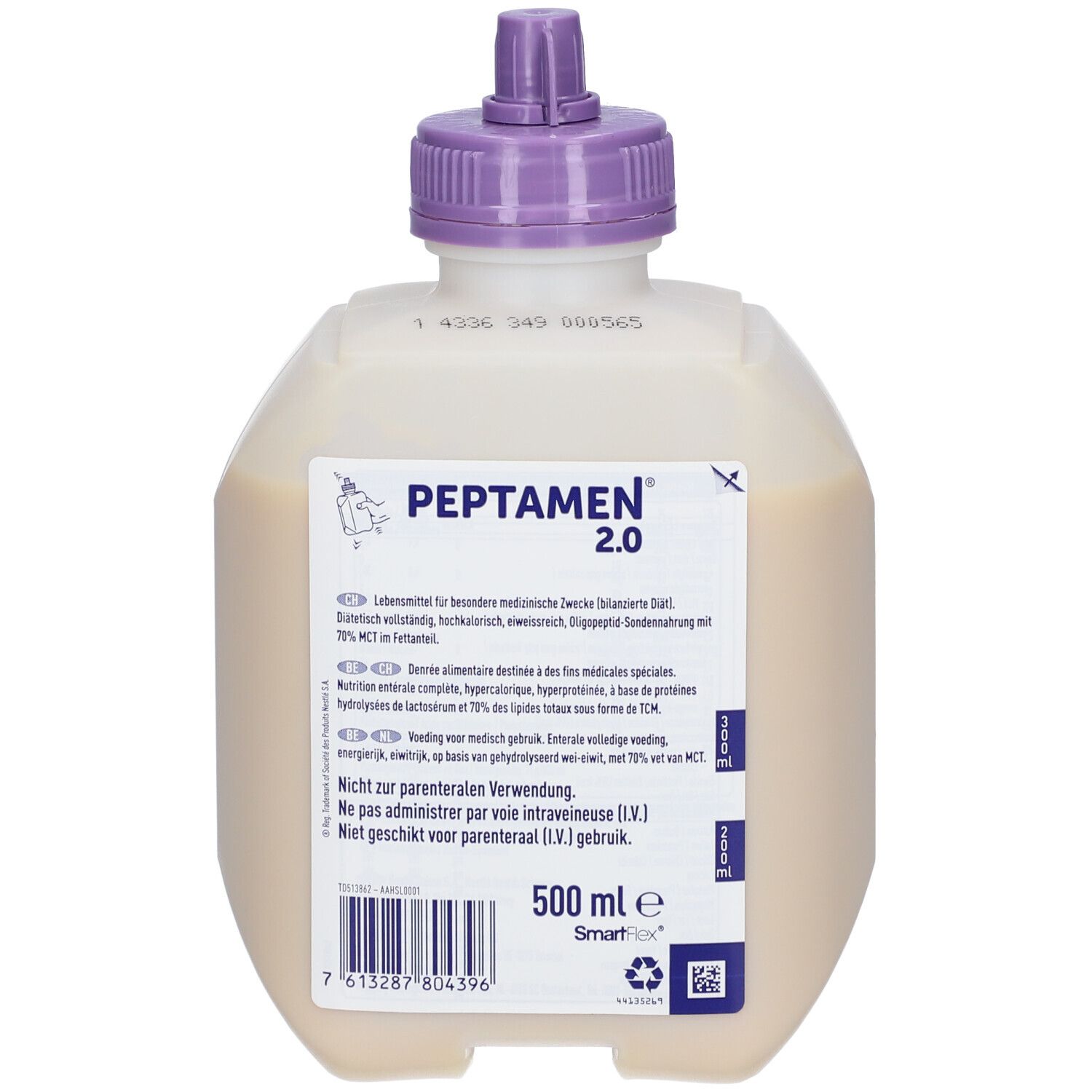 Nestlé Peptamen 2.0 fles. Opschrift: 500 ml. Paarse dop.